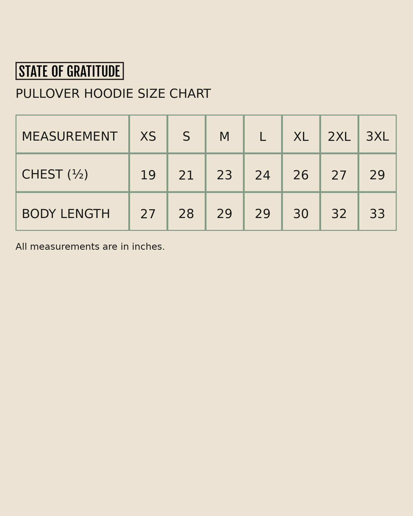 Size chart for pullover hoodie with measurements in inches on a beige background.