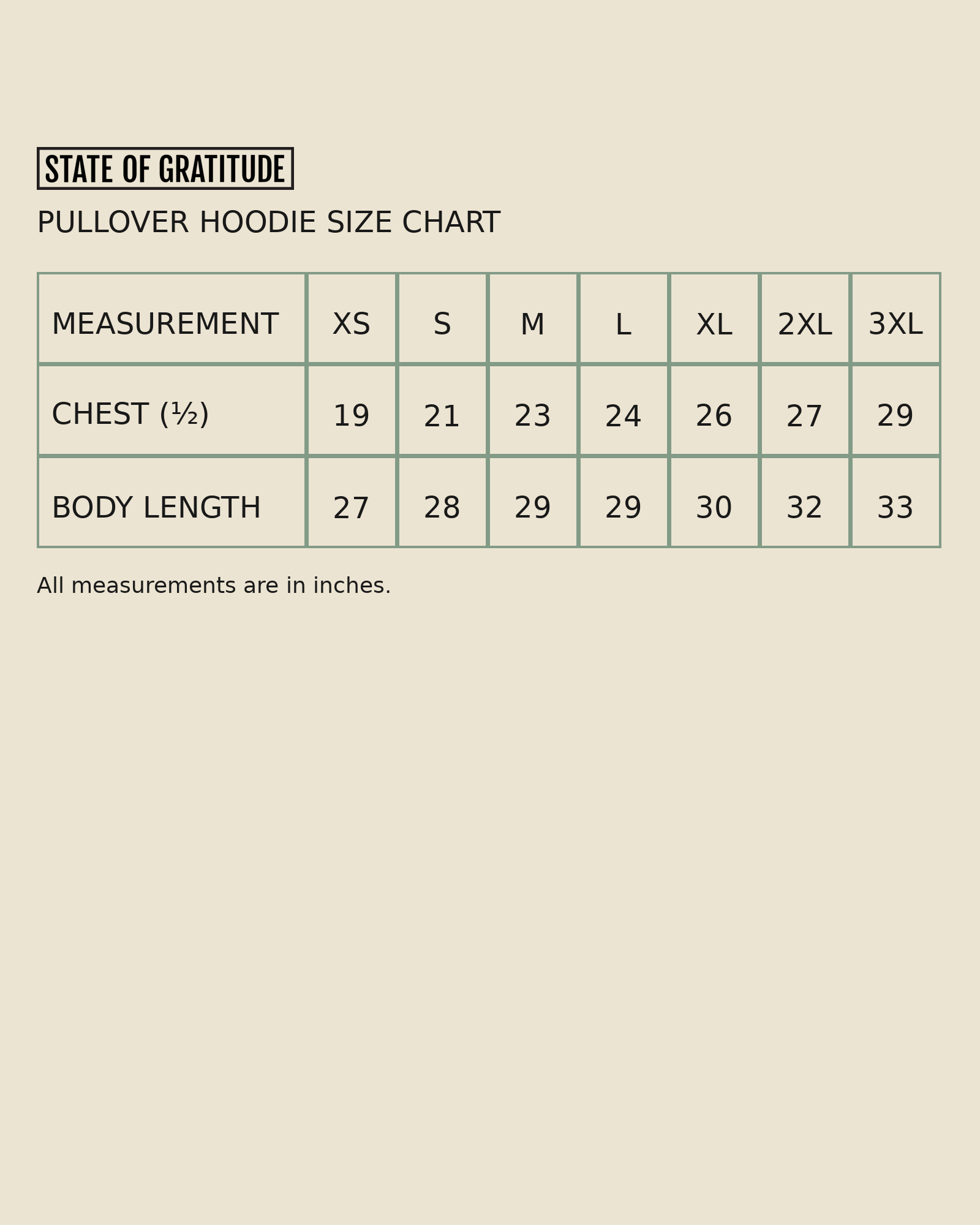 Size chart for pullover hoodie with measurements in inches on a beige background.